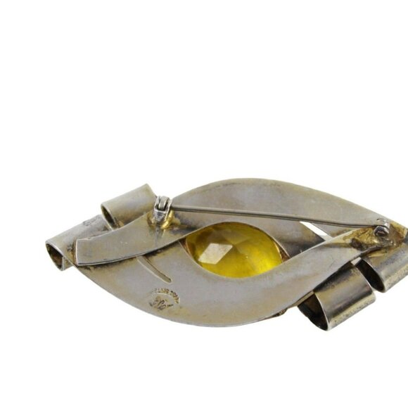 Coro Craft Sterling Silver Bow Brooch with Citrine Color Oval Stone - Picture 4 of 5
